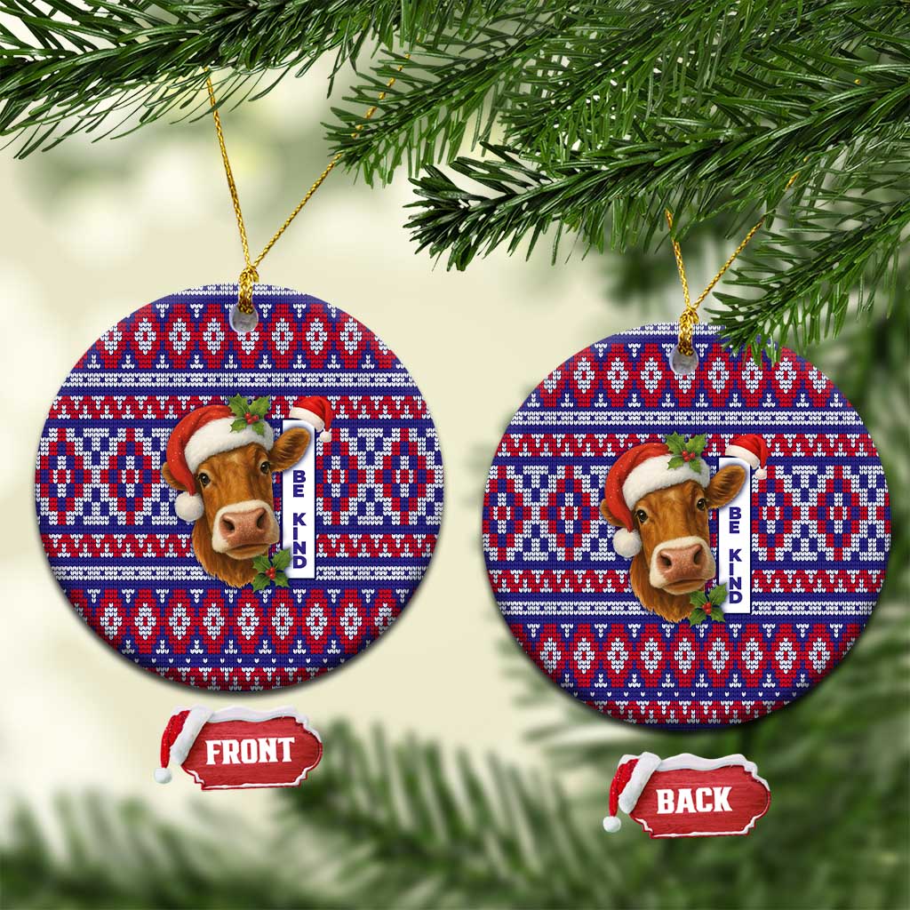 Cow in Santa Hat Be Kind Message Ceramic Ornament with Red Blue Knit Pattern Design - Wonder Print Shop