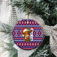 Cow in Santa Hat Be Kind Message Ceramic Ornament with Red Blue Knit Pattern Design - Wonder Print Shop