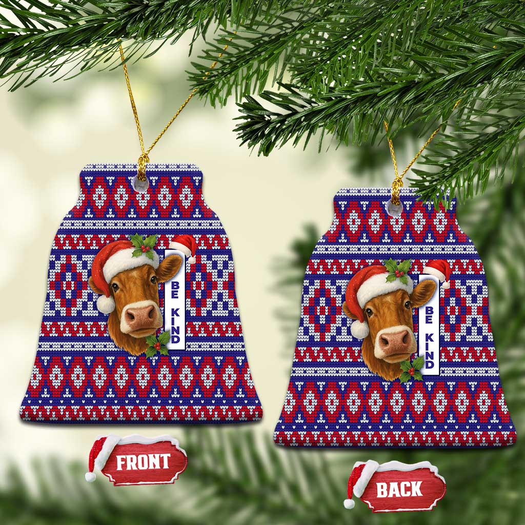 Cow in Santa Hat Be Kind Message Ceramic Ornament with Red Blue Knit Pattern Design - Wonder Print Shop