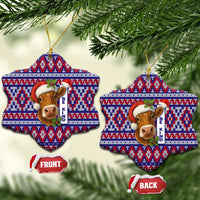 Cow in Santa Hat Be Kind Message Ceramic Ornament with Red Blue Knit Pattern Design - Wonder Print Shop