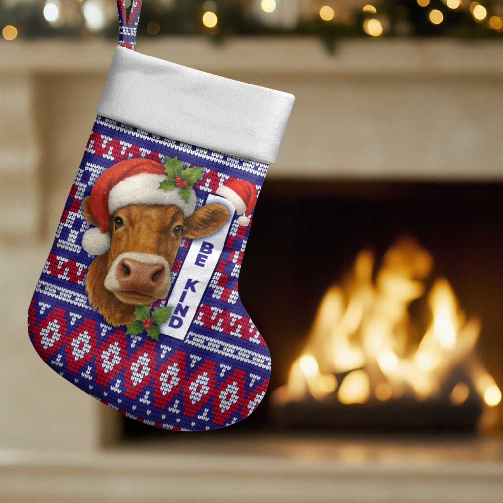 Cow in Santa Hat Be Kind Message Christmas Stocking with Red Blue Knit Pattern Design - Wonder Print Shop