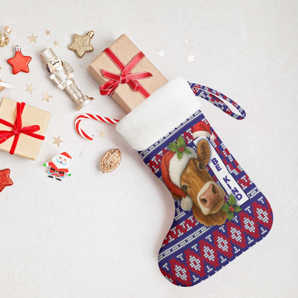 Cow in Santa Hat Be Kind Message Christmas Stocking with Red Blue Knit Pattern Design - Wonder Print Shop
