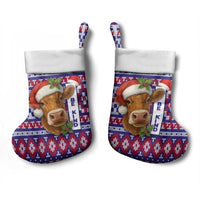 Cow in Santa Hat Be Kind Message Christmas Stocking with Red Blue Knit Pattern Design - Wonder Print Shop