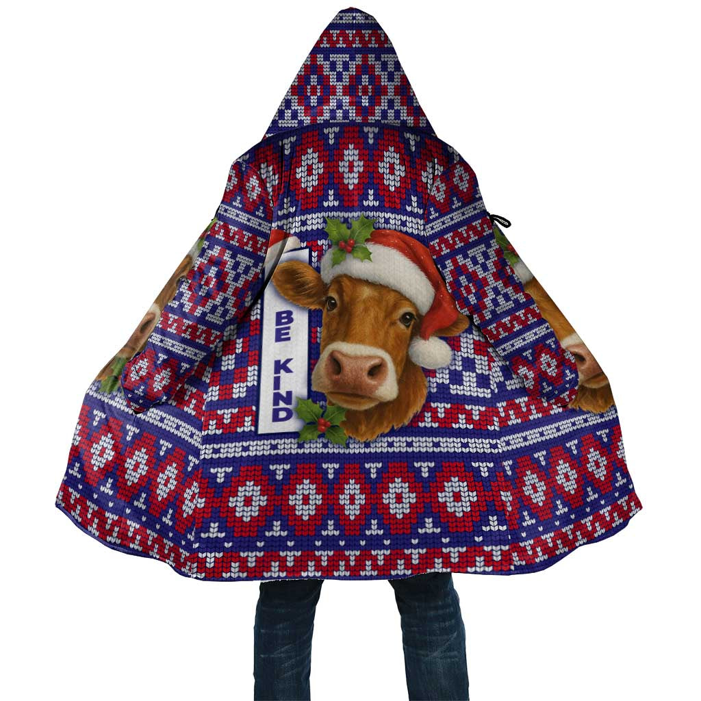 Cow in Santa Hat Be Kind Message Cloak with Red Blue Knit Pattern Design - Wonder Print Shop
