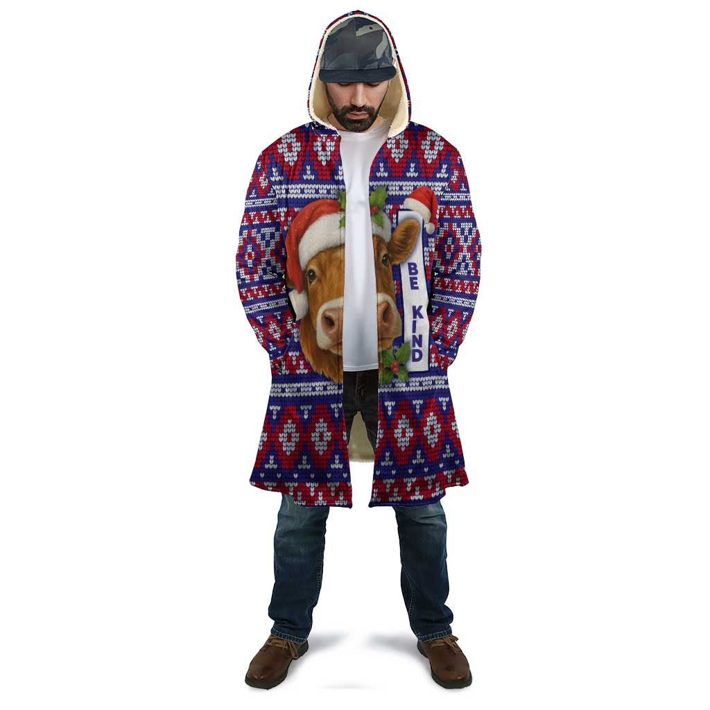 Cow in Santa Hat Be Kind Message Cloak with Red Blue Knit Pattern Design - Wonder Print Shop