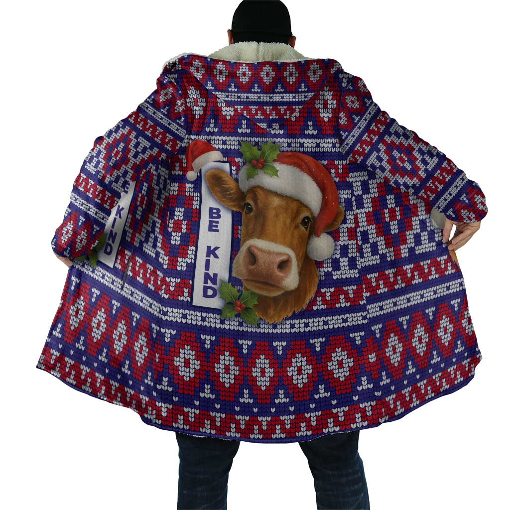 Cow in Santa Hat Be Kind Message Cloak with Red Blue Knit Pattern Design - Wonder Print Shop