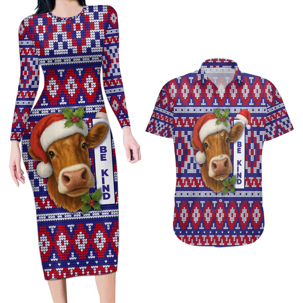 Cow in Santa Hat Be Kind Message Couples Matching Long Sleeve Bodycon Dress and Hawaiian Shirt with Red Blue Knit Pattern Design - Wonder Print Shop