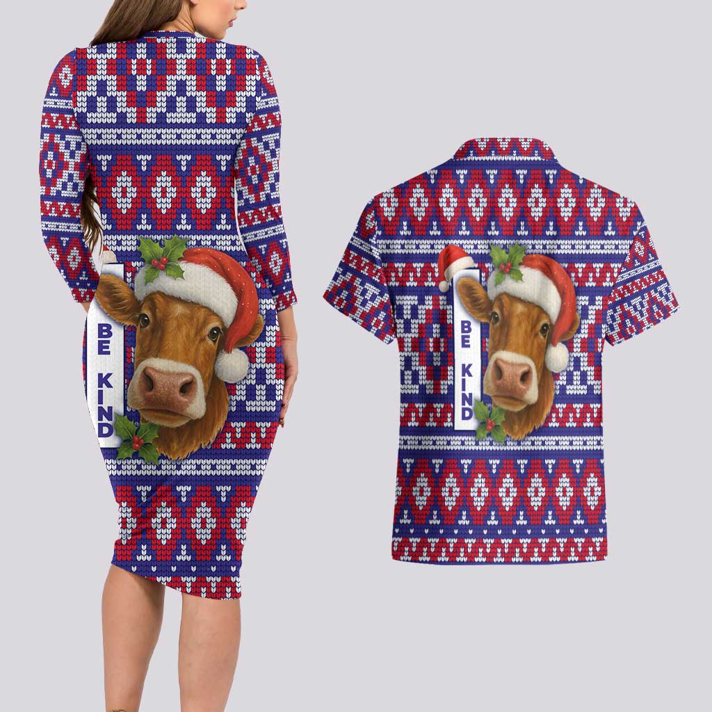 Cow in Santa Hat Be Kind Message Couples Matching Long Sleeve Bodycon Dress and Hawaiian Shirt with Red Blue Knit Pattern Design - Wonder Print Shop