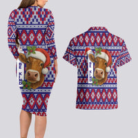 Cow in Santa Hat Be Kind Message Couples Matching Long Sleeve Bodycon Dress and Hawaiian Shirt with Red Blue Knit Pattern Design - Wonder Print Shop