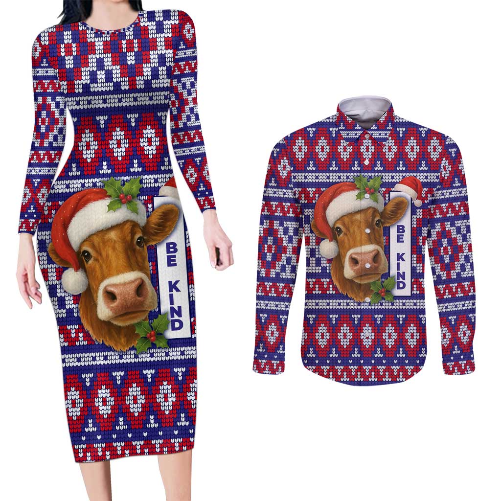 Cow in Santa Hat Be Kind Message Couples Matching Long Sleeve Bodycon Dress and Long Sleeve Button Shirt with Red Blue Knit Pattern Design - Wonder Print Shop