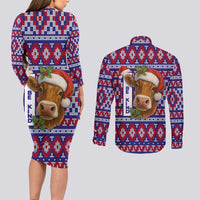 Cow in Santa Hat Be Kind Message Couples Matching Long Sleeve Bodycon Dress and Long Sleeve Button Shirt with Red Blue Knit Pattern Design - Wonder Print Shop