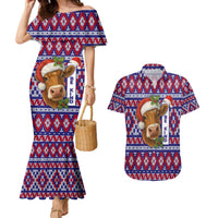 Cow in Santa Hat Be Kind Message Couples Matching Mermaid Dress and Hawaiian Shirt with Red Blue Knit Pattern Design - Wonder Print Shop