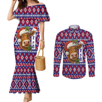 Cow in Santa Hat Be Kind Message Couples Matching Mermaid Dress and Long Sleeve Button Shirt with Red Blue Knit Pattern Design - Wonder Print Shop