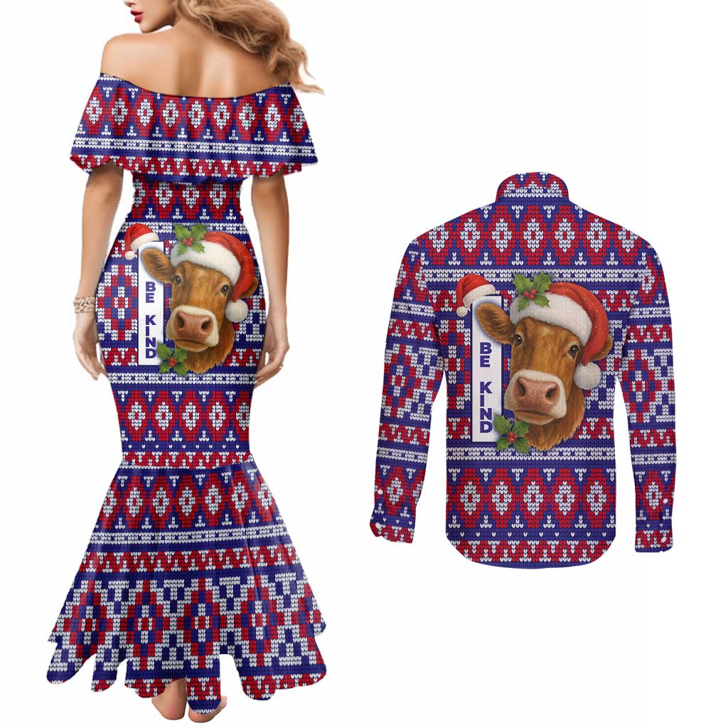 Cow in Santa Hat Be Kind Message Couples Matching Mermaid Dress and Long Sleeve Button Shirt with Red Blue Knit Pattern Design - Wonder Print Shop