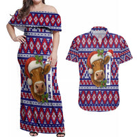 Cow in Santa Hat Be Kind Message Couples Matching Off Shoulder Maxi Dress and Hawaiian Shirt with Red Blue Knit Pattern Design - Wonder Print Shop