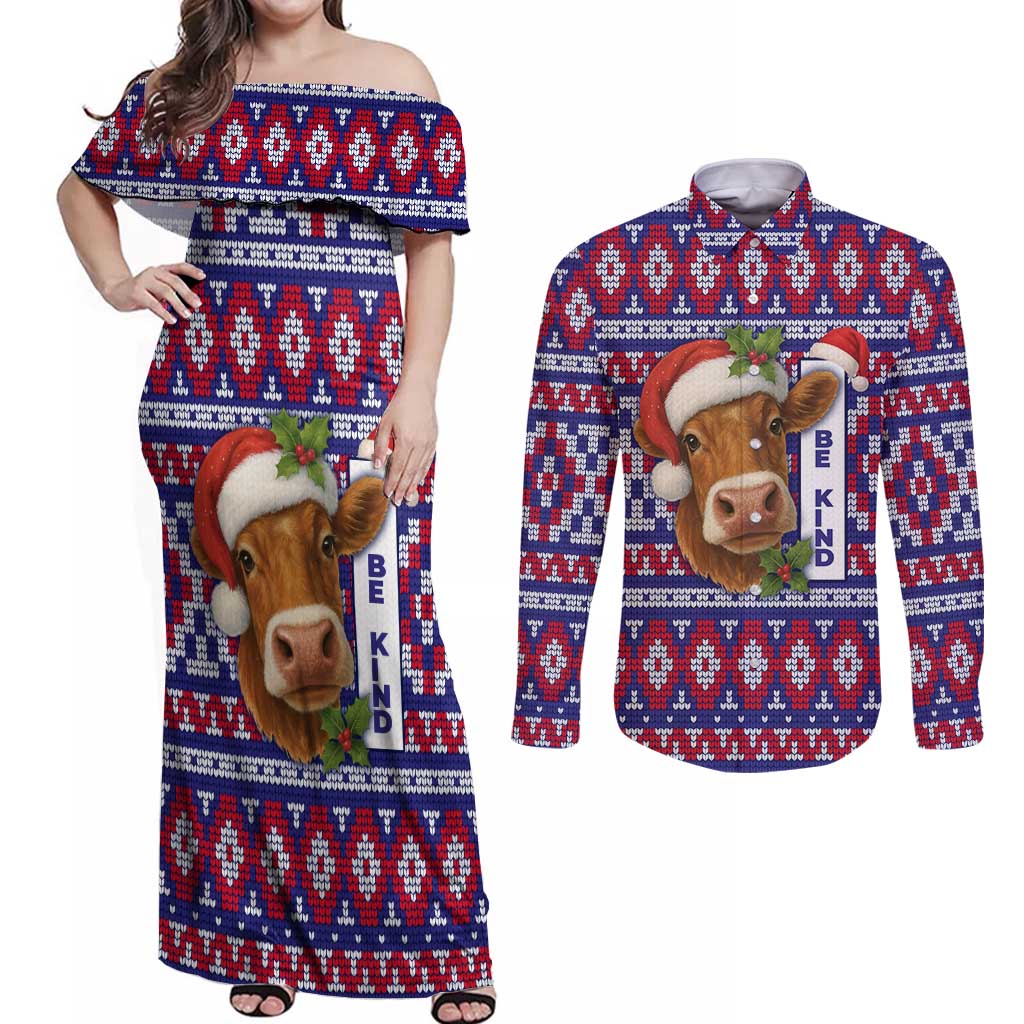 Cow in Santa Hat Be Kind Message Couples Matching Off Shoulder Maxi Dress and Long Sleeve Button Shirt with Red Blue Knit Pattern Design - Wonder Print Shop