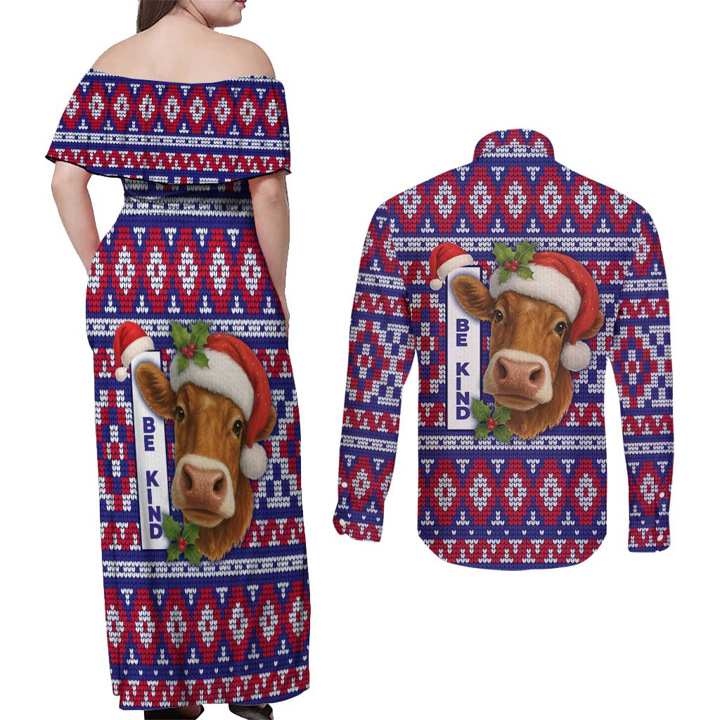 Cow in Santa Hat Be Kind Message Couples Matching Off Shoulder Maxi Dress and Long Sleeve Button Shirt with Red Blue Knit Pattern Design - Wonder Print Shop