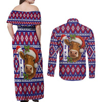 Cow in Santa Hat Be Kind Message Couples Matching Off Shoulder Maxi Dress and Long Sleeve Button Shirt with Red Blue Knit Pattern Design - Wonder Print Shop