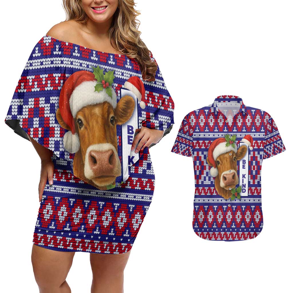Cow in Santa Hat Be Kind Message Couples Matching Off Shoulder Short Dress and Hawaiian Shirt with Red Blue Knit Pattern Design - Wonder Print Shop