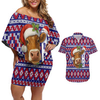 Cow in Santa Hat Be Kind Message Couples Matching Off Shoulder Short Dress and Hawaiian Shirt with Red Blue Knit Pattern Design - Wonder Print Shop