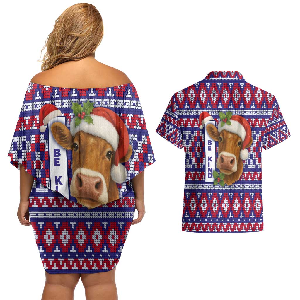 Cow in Santa Hat Be Kind Message Couples Matching Off Shoulder Short Dress and Hawaiian Shirt with Red Blue Knit Pattern Design - Wonder Print Shop