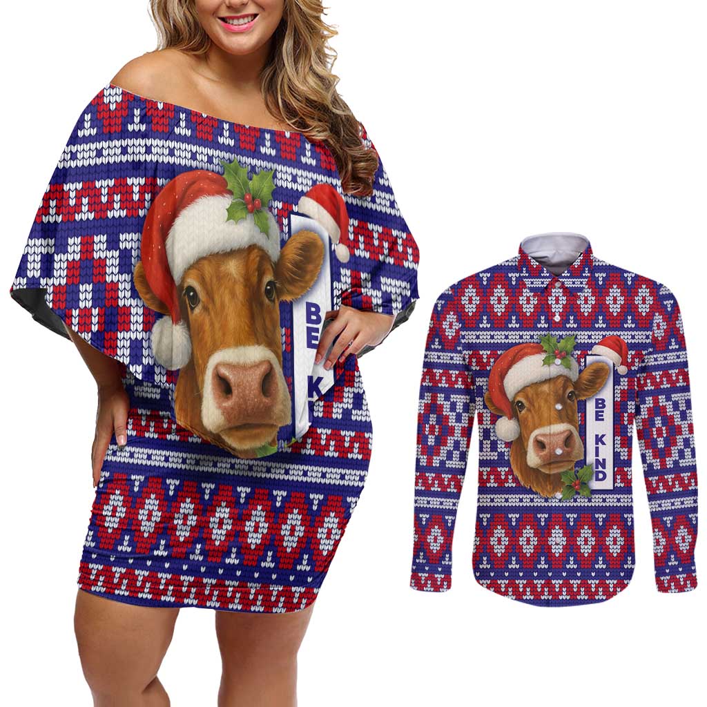 Cow in Santa Hat Be Kind Message Couples Matching Off Shoulder Short Dress and Long Sleeve Button Shirt with Red Blue Knit Pattern Design - Wonder Print Shop