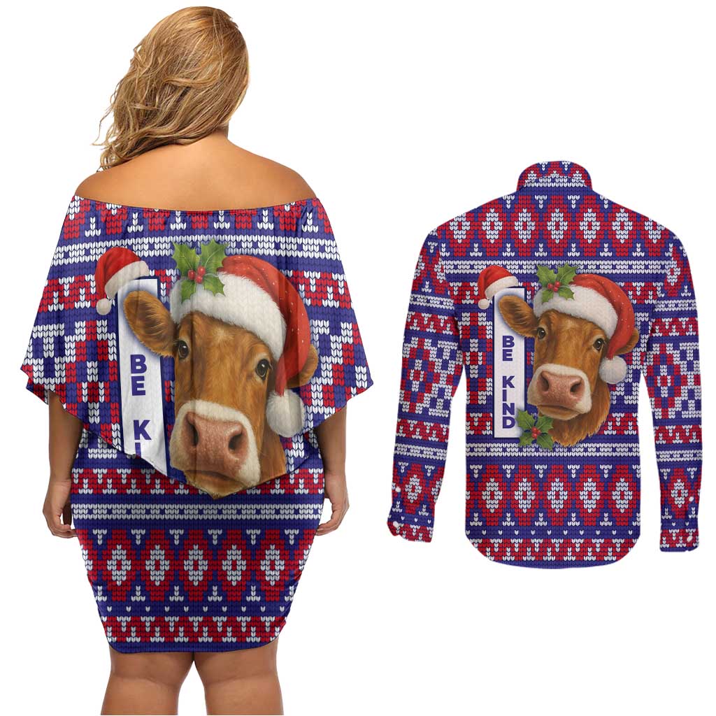 Cow in Santa Hat Be Kind Message Couples Matching Off Shoulder Short Dress and Long Sleeve Button Shirt with Red Blue Knit Pattern Design - Wonder Print Shop