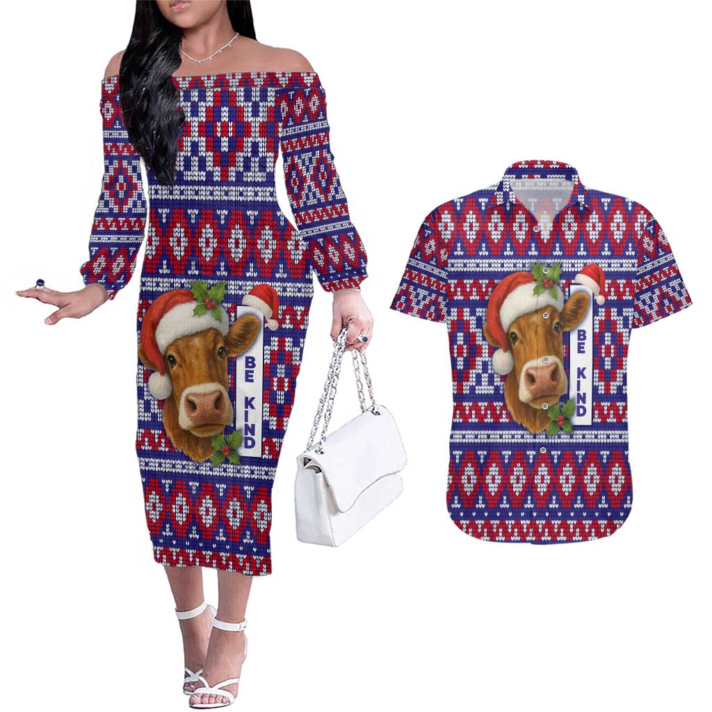 Cow in Santa Hat Be Kind Message Couples Matching Off The Shoulder Long Sleeve Dress and Hawaiian Shirt with Red Blue Knit Pattern Design - Wonder Print Shop