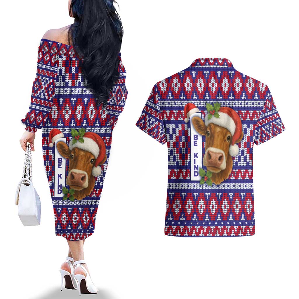Cow in Santa Hat Be Kind Message Couples Matching Off The Shoulder Long Sleeve Dress and Hawaiian Shirt with Red Blue Knit Pattern Design - Wonder Print Shop