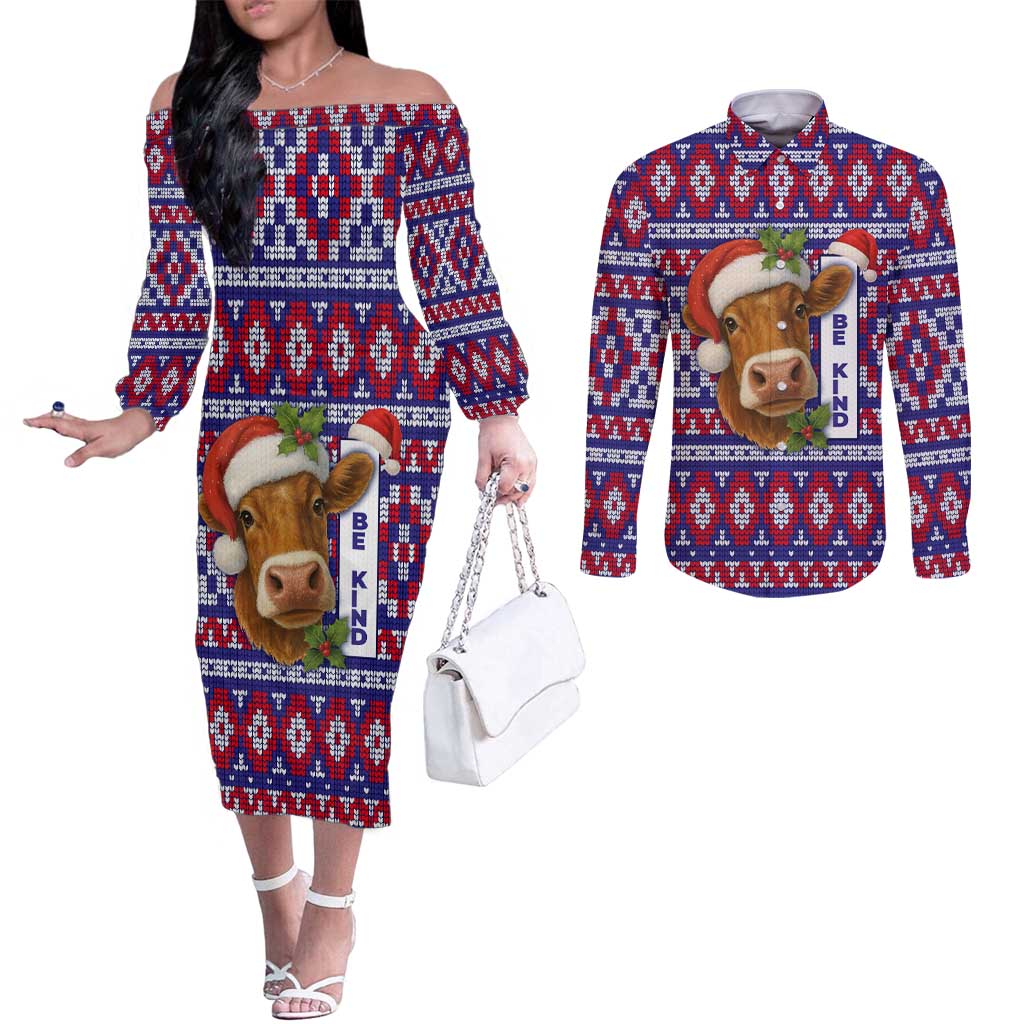 Cow in Santa Hat Be Kind Message Couples Matching Off The Shoulder Long Sleeve Dress and Long Sleeve Button Shirt with Red Blue Knit Pattern Design - Wonder Print Shop