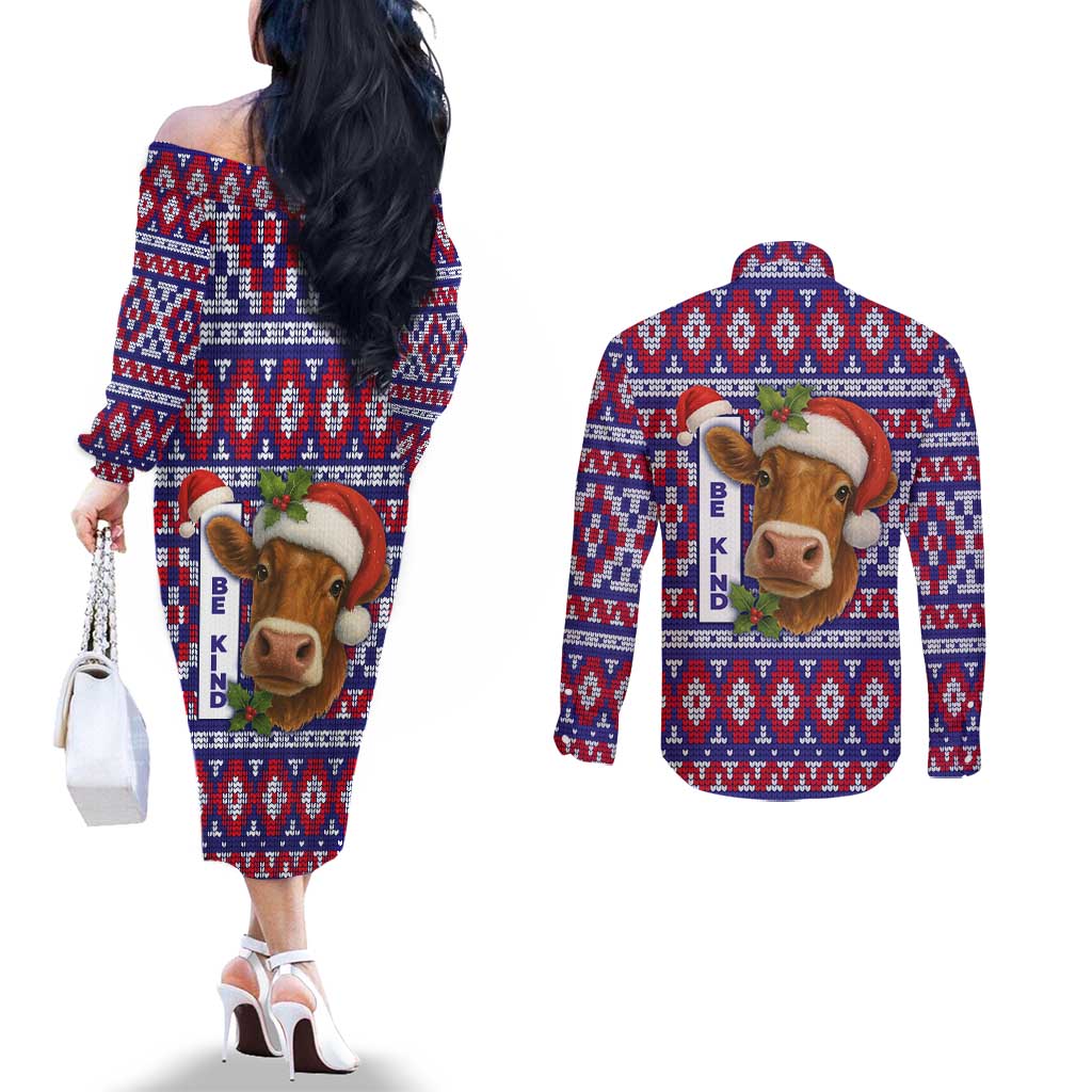 Cow in Santa Hat Be Kind Message Couples Matching Off The Shoulder Long Sleeve Dress and Long Sleeve Button Shirt with Red Blue Knit Pattern Design - Wonder Print Shop
