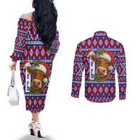 Cow in Santa Hat Be Kind Message Couples Matching Off The Shoulder Long Sleeve Dress and Long Sleeve Button Shirt with Red Blue Knit Pattern Design - Wonder Print Shop
