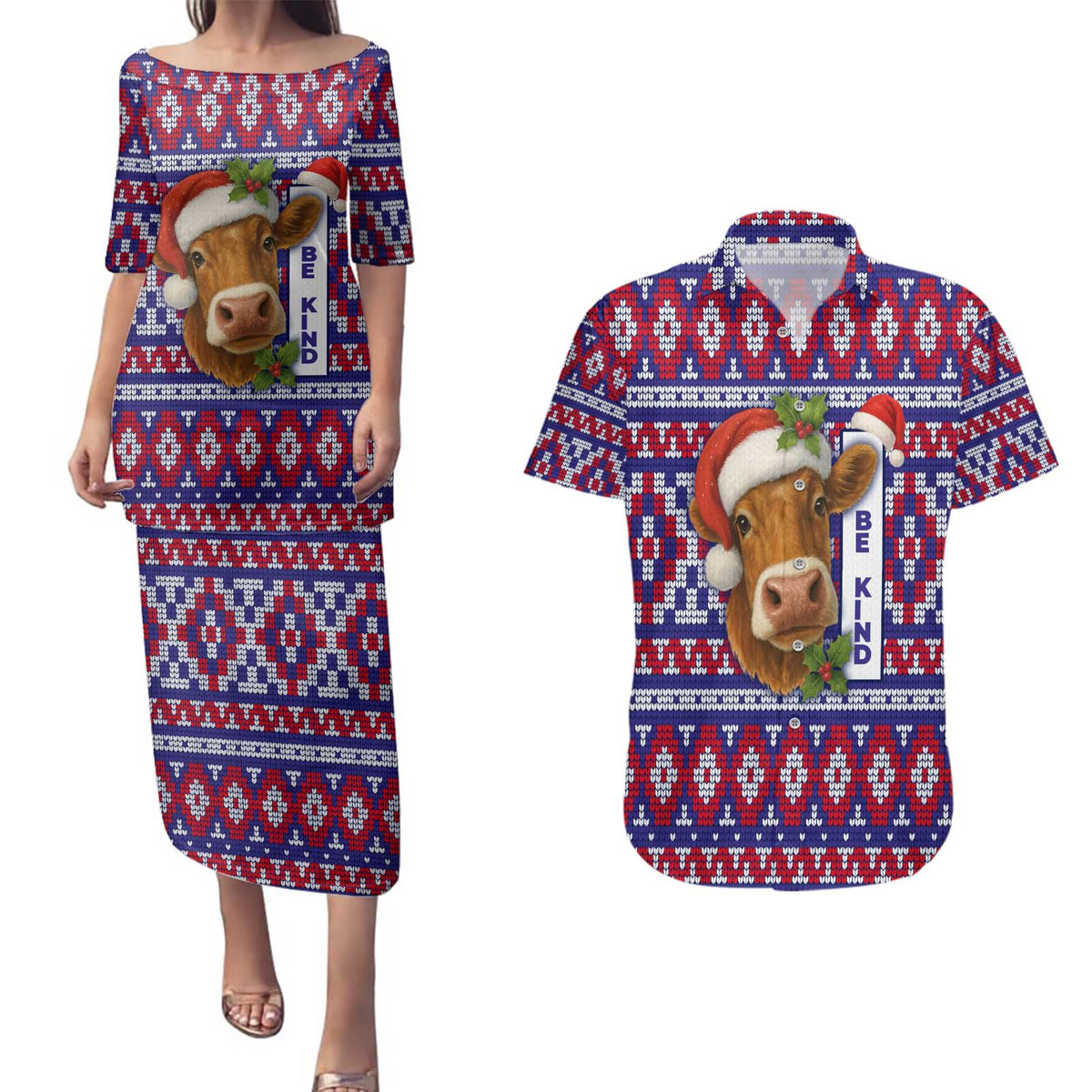 Cow in Santa Hat Be Kind Message Couples Matching Puletasi and Hawaiian Shirt with Red Blue Knit Pattern Design - Wonder Print Shop