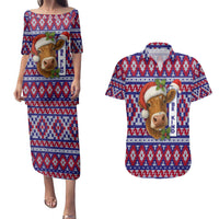 Cow in Santa Hat Be Kind Message Couples Matching Puletasi and Hawaiian Shirt with Red Blue Knit Pattern Design - Wonder Print Shop