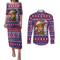 Cow in Santa Hat Be Kind Message Couples Matching Puletasi and Long Sleeve Button Shirt with Red Blue Knit Pattern Design - Wonder Print Shop
