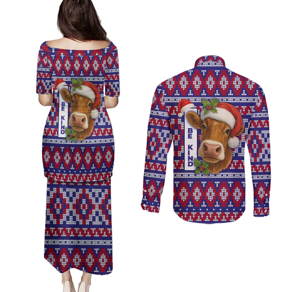 Cow in Santa Hat Be Kind Message Couples Matching Puletasi and Long Sleeve Button Shirt with Red Blue Knit Pattern Design - Wonder Print Shop