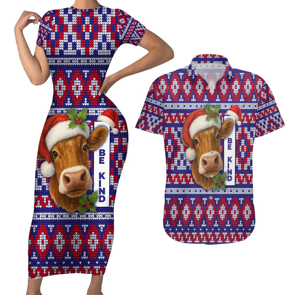 Cow in Santa Hat Be Kind Message Couples Matching Short Sleeve Bodycon Dress and Hawaiian Shirt with Red Blue Knit Pattern Design - Wonder Print Shop