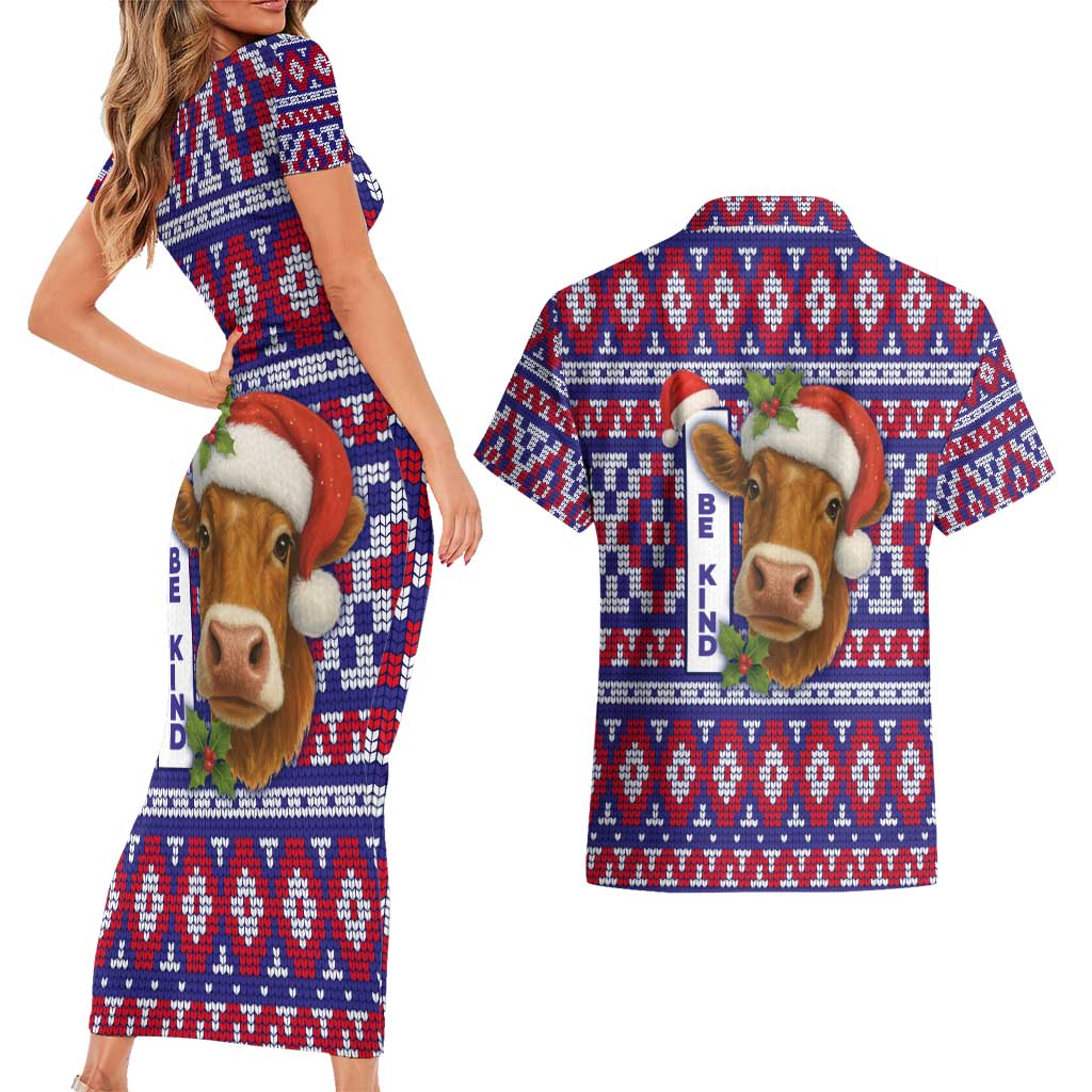 Cow in Santa Hat Be Kind Message Couples Matching Short Sleeve Bodycon Dress and Hawaiian Shirt with Red Blue Knit Pattern Design - Wonder Print Shop