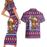 Cow in Santa Hat Be Kind Message Couples Matching Short Sleeve Bodycon Dress and Hawaiian Shirt with Red Blue Knit Pattern Design - Wonder Print Shop