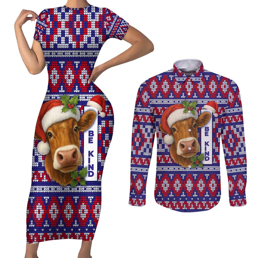 Cow in Santa Hat Be Kind Message Couples Matching Short Sleeve Bodycon Dress and Long Sleeve Button Shirt with Red Blue Knit Pattern Design - Wonder Print Shop