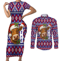 Cow in Santa Hat Be Kind Message Couples Matching Short Sleeve Bodycon Dress and Long Sleeve Button Shirt with Red Blue Knit Pattern Design - Wonder Print Shop