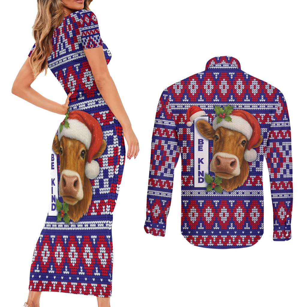 Cow in Santa Hat Be Kind Message Couples Matching Short Sleeve Bodycon Dress and Long Sleeve Button Shirt with Red Blue Knit Pattern Design - Wonder Print Shop