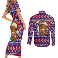 Cow in Santa Hat Be Kind Message Couples Matching Short Sleeve Bodycon Dress and Long Sleeve Button Shirt with Red Blue Knit Pattern Design - Wonder Print Shop
