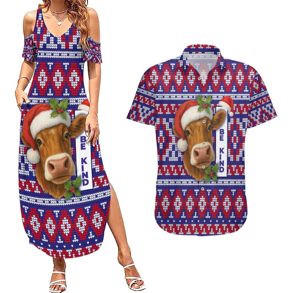 Cow in Santa Hat Be Kind Message Couples Matching Summer Maxi Dress and Hawaiian Shirt with Red Blue Knit Pattern Design - Wonder Print Shop