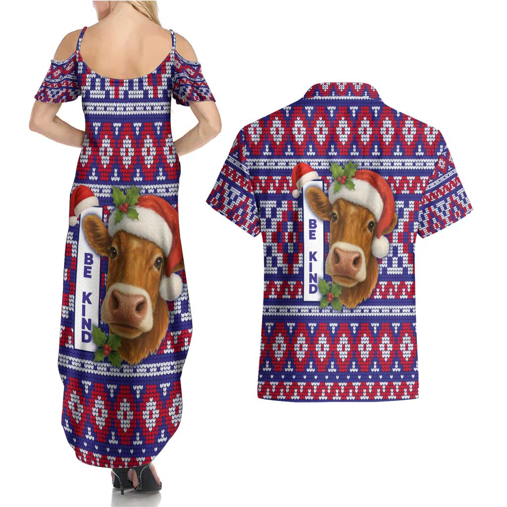 Cow in Santa Hat Be Kind Message Couples Matching Summer Maxi Dress and Hawaiian Shirt with Red Blue Knit Pattern Design - Wonder Print Shop