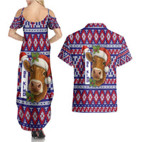 Cow in Santa Hat Be Kind Message Couples Matching Summer Maxi Dress and Hawaiian Shirt with Red Blue Knit Pattern Design - Wonder Print Shop