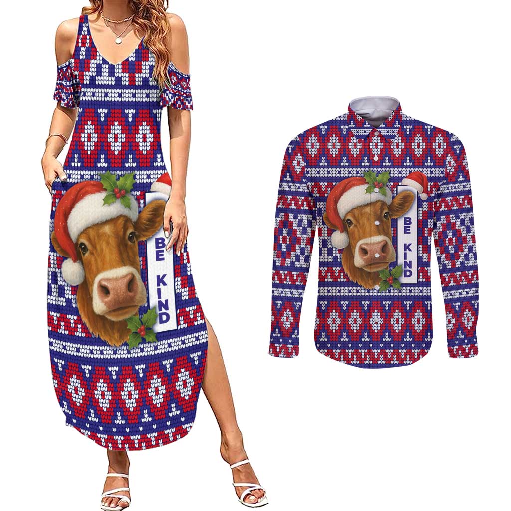 Cow in Santa Hat Be Kind Message Couples Matching Summer Maxi Dress and Long Sleeve Button Shirt with Red Blue Knit Pattern Design - Wonder Print Shop
