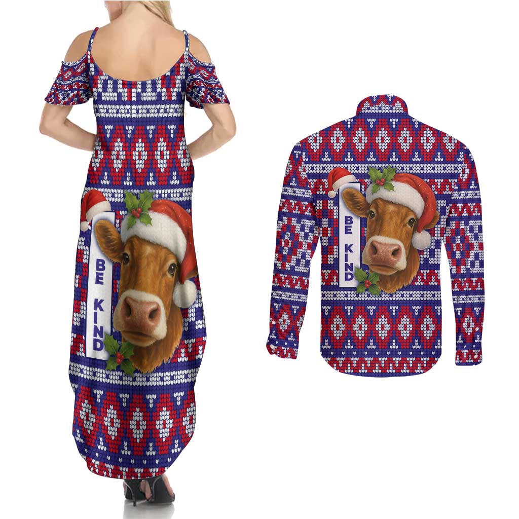 Cow in Santa Hat Be Kind Message Couples Matching Summer Maxi Dress and Long Sleeve Button Shirt with Red Blue Knit Pattern Design - Wonder Print Shop