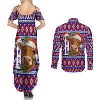 Cow in Santa Hat Be Kind Message Couples Matching Summer Maxi Dress and Long Sleeve Button Shirt with Red Blue Knit Pattern Design - Wonder Print Shop