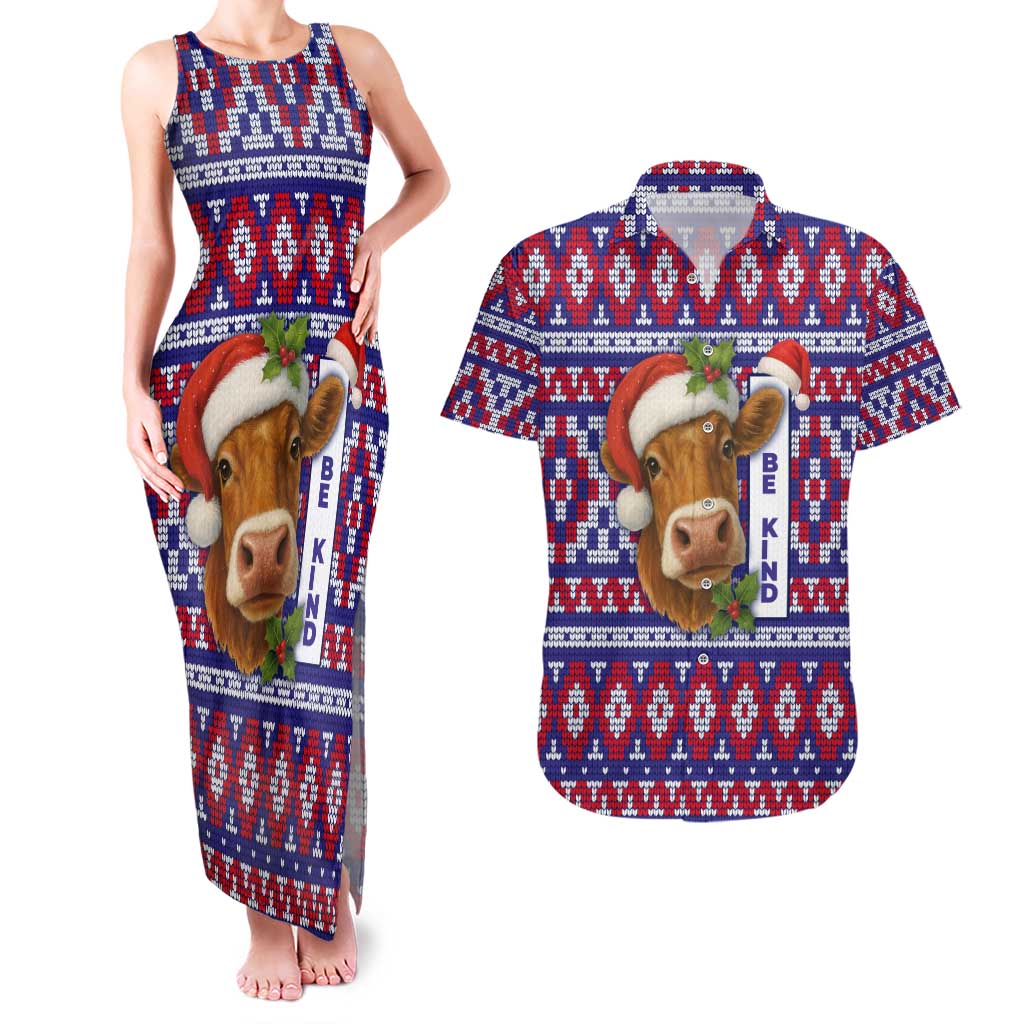 Cow in Santa Hat Be Kind Message Couples Matching Tank Maxi Dress and Hawaiian Shirt with Red Blue Knit Pattern Design - Wonder Print Shop